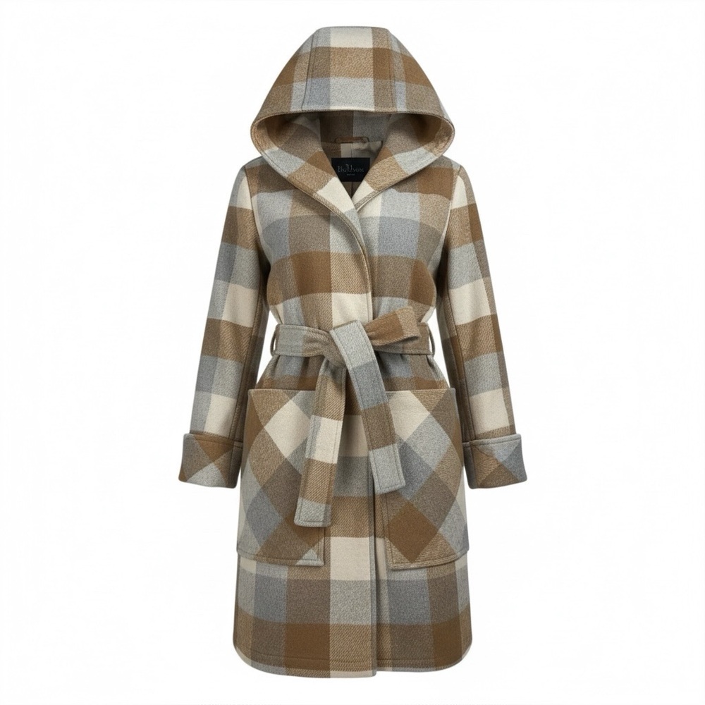 A New Day Plaid Plaid Belted Snap Button Hooded Tan Cream Gray Size XS Cozy